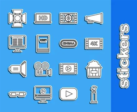 Set line Trophy Golden Globe, Popcorn in cardboard box, 4k movie, tape, frame Stock-Illustration
