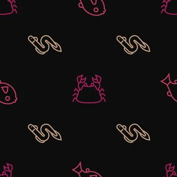 Set line Tropical fish, Eel and Crab on seamless pattern. Vector Stock Illustration