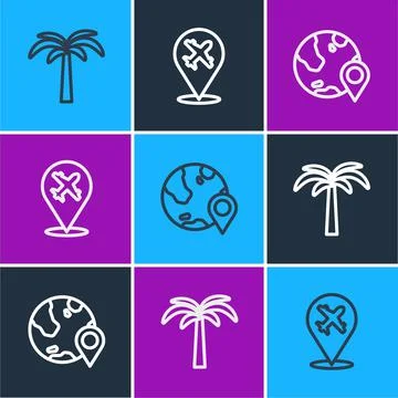 Set line Tropical palm tree, Location on the globe and Plane icon. Vector Stock Illustration