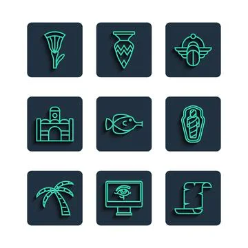Set line Tropical palm tree, Eye of Horus on monitor, Papyrus scroll, Egyptian Stock Illustration