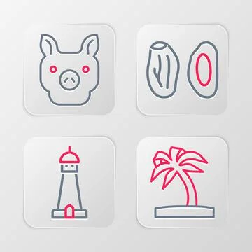 Set line Tropical palm tree, Mosque tower or minaret, Date fruit and Pig icon Stock Illustration