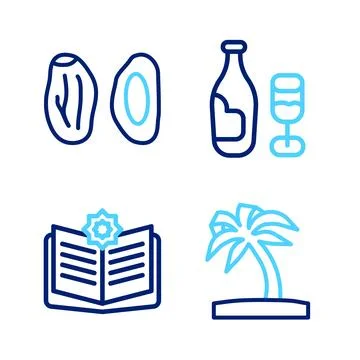 Set line Tropical palm tree, Holy book of Koran, Wine bottle with glass and Date Stock Illustration