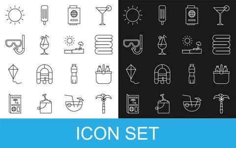Set line Tropical palm tree, Cooler bag and water, Towel stack, Passport with Stock Illustration