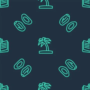Set line Tropical palm tree, Date fruit and Holy book of Koran on seamless .. Stock Illustration