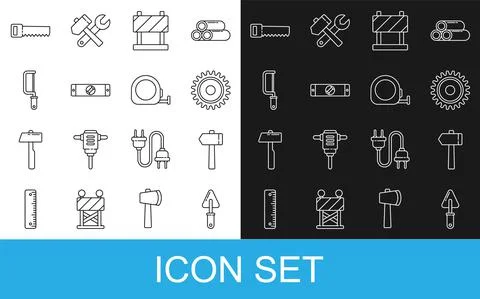 Set line Trowel, Hammer, Circular saw blade, Road barrier, Construction bubble Illustration