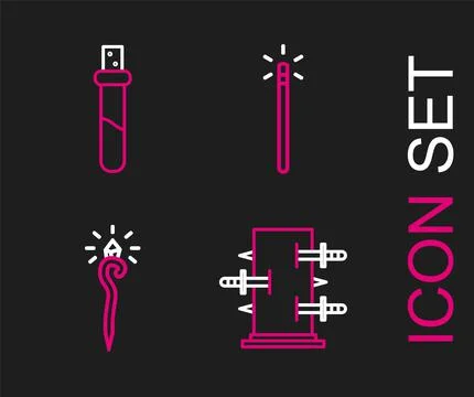 Set line Trunk for magic tricks, Magic staff, wand and Bottle with love potio Stock Illustration