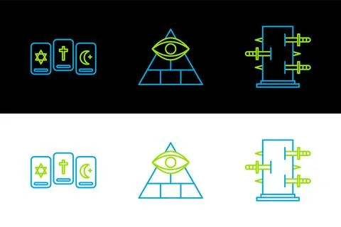 Set line Trunk for magic tricks, Three tarot cards and Masons icon. Vector Stock Illustration