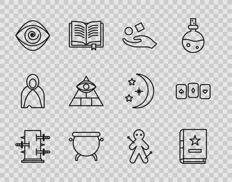 Set line Trunk for magic tricks, Ancient book, Cube levitating above hand, .. Illustrazione stock