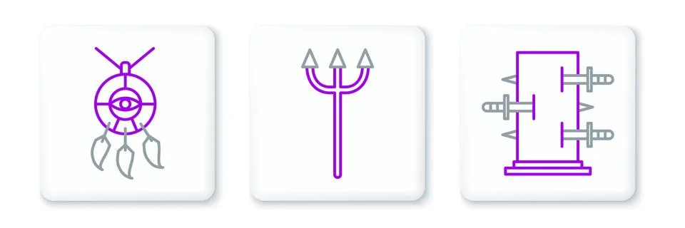 Set line Trunk for magic tricks, Dream catcher with feathers and Neptune Tr.. Stock Illustration