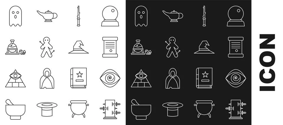 Set line Trunk for magic tricks, Hypnosis, Decree, paper, parchment, scroll.. Ilustração Stock