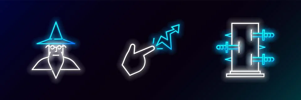 Set line Trunk for magic tricks, Wizard warlock and Spell icon. Glowing neo.. Stock Illustration