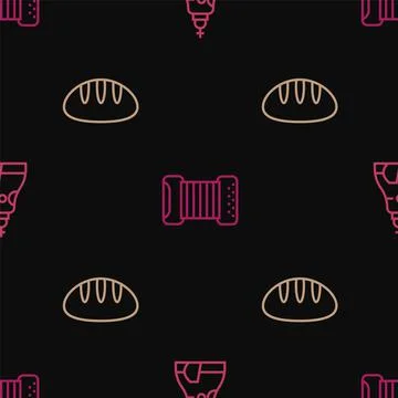 Set line The Tsar bell, Bread loaf and Accordion on seamless pattern. Vector Illustrazione stock