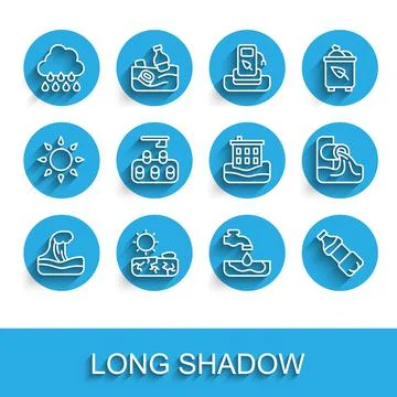 Set line Tsunami, Drought, Cloud with rain, Water problem, Bottle of water Stock Illustration