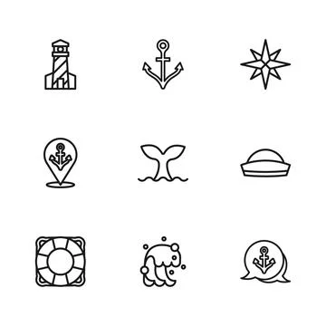 Set line Tsunami, Sailor hat, Anchor, Whale tail, Wind rose, Lighthouse, an.. Illustration