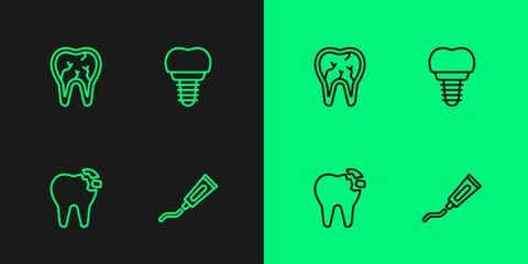 Set line Tube of toothpaste, Broken, and Dental implant icon. Vector 스톡 일러스트