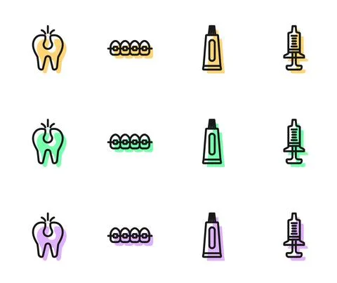 Set line Tube of toothpaste, Broken, Teeth with braces and Syringe icon. Vector Stock Illustration