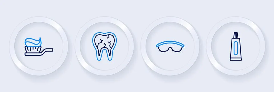 Set line Tube of toothpaste, Safety goggle glasses, Broken and Toothbrush w.. Stockillustratie