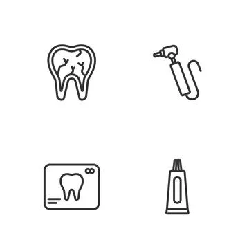 Set line Tube of toothpaste, X-ray, Broken and Tooth drill icon. Vector Ilustración de archivo