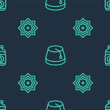 Set line Turkish hat, Octagonal star and Bottle of water on seamless pattern Stock Illustration