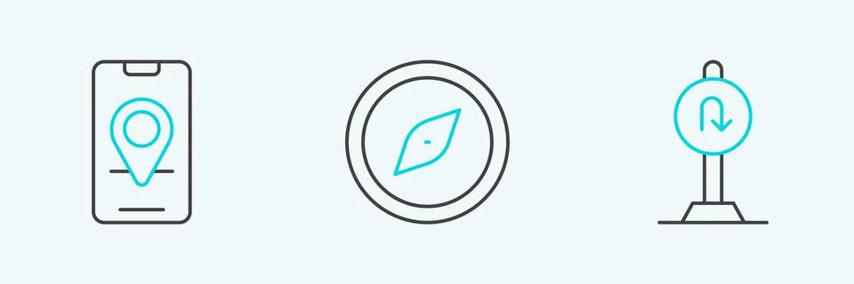 Set line Turn back road sign, City map navigation and Compass icon. Vector Illustrazione stock