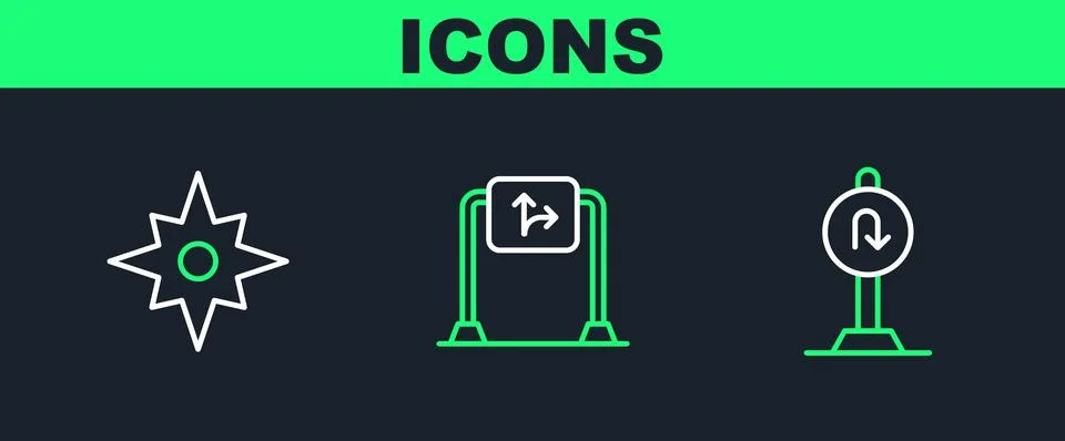 Set line Turn back road sign, Wind rose and Road traffic icon. Vector Stock Illustration
