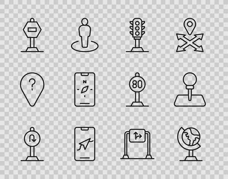 Set line Turn back road sign, Earth globe, Traffic light, City map navigati.. Stock Illustration
