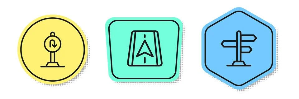 Set line Turn back road sign, City map navigation and Road traffic. Colored.. Stock Illustration