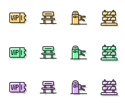 Set line Turnstile, Train ticket, Waiting hall and End of railway tracks ic.. Stock Illustration