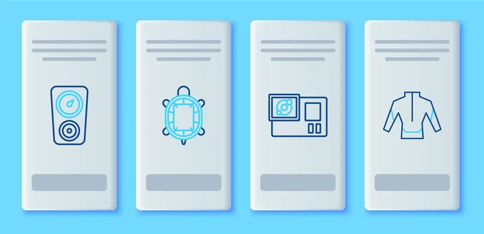 Set line Turtle, Action camera, Gauge scale and Wetsuit icon. Vector 스톡 일러스트