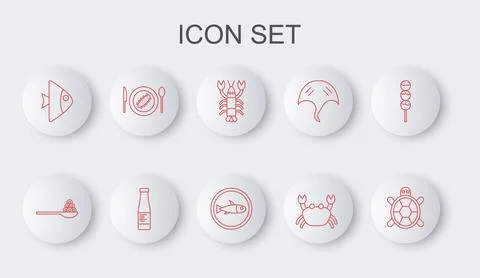 Set line Turtle, Caviar on a spoon, Lobster, Crab, Fish, Served cucumber plat Ilustración de archivo