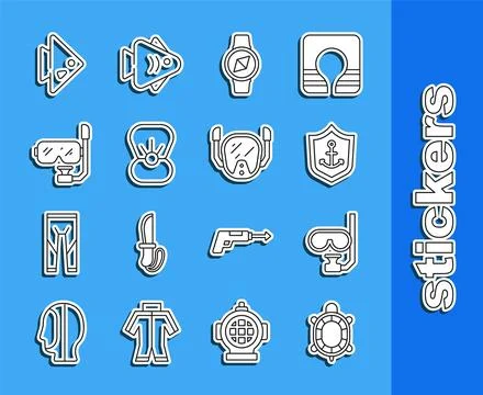 Set line Turtle, Diving mask and snorkel, Anchor inside shield, Compass, Shell Stock Illustration