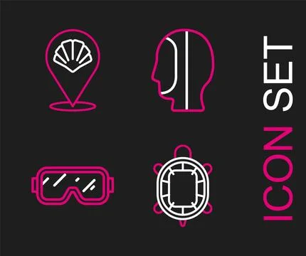 Set line Turtle, Diving mask, hood and Scallop sea shell icon. Vector Stockillustratie