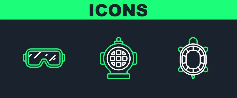 Set line Turtle, Diving mask and Aqualung icon. Vector 스톡 일러스트