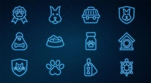 Set line Turtle, Dog house, Pet carry case, food bowl for cat or dog, collar Stock Illustration