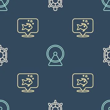 Set line Turtle, Fish and Hamster wheel on seamless pattern. Vector Illustrazione stock