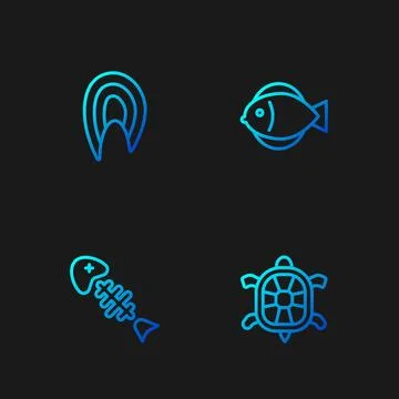 Set line Turtle, Fish skeleton, steak and . Gradient color icons. Vector Stock Illustration