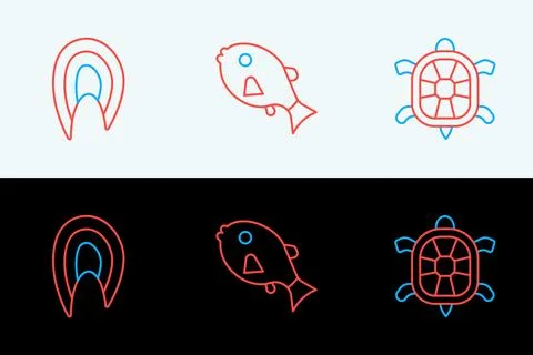 Set line Turtle, Fish steak and Tropical fish icon. Vector Illustrazione stock