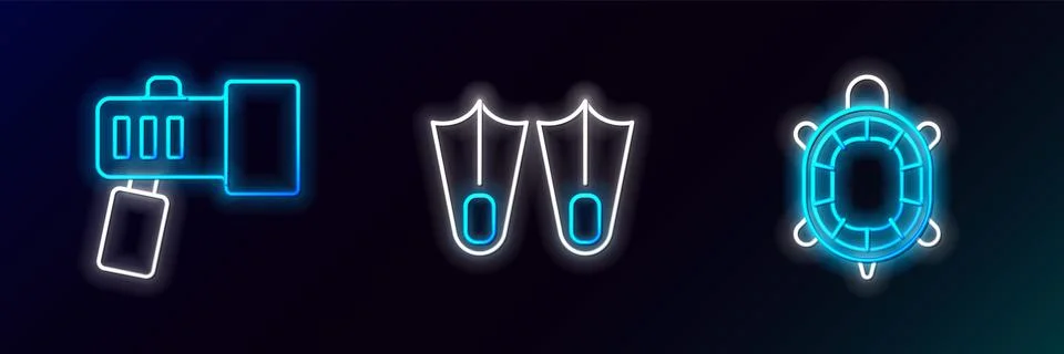 Set line Turtle, Flashlight and Rubber flippers icon. Glowing neon. Vector Stock Illustration