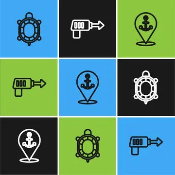 Set line Turtle, Location with anchor and Fishing harpoon icon. Vector Stock Illustration