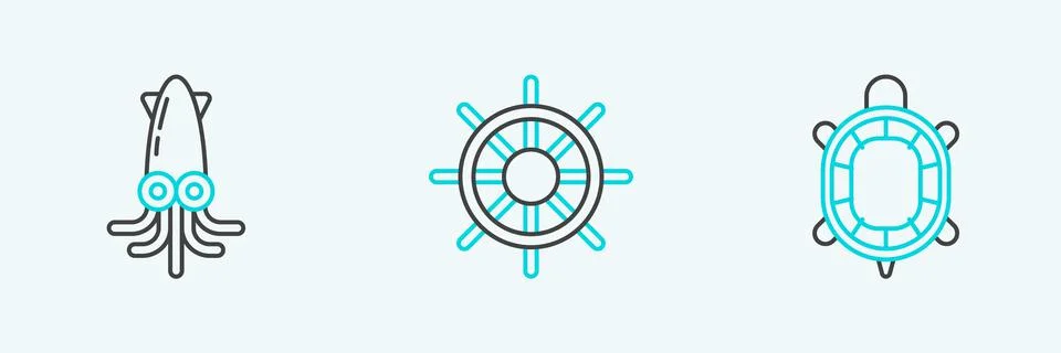 Set line Turtle, Octopus and Ship steering wheel icon. Vector Stock Illustration