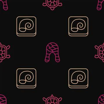 Set line Turtle, Octopus on a plate and Fish steak on seamless pattern. Vector Stock Illustration