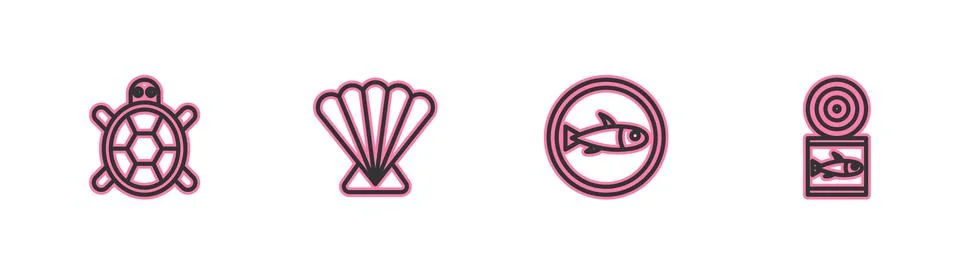 Set line Turtle, Served fish on a plate, Scallop sea shell and Canned icon Stockillustratie
