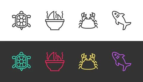 Set line Turtle, Shark fin soup, Crab and on black and white. Vector 스톡 일러스트