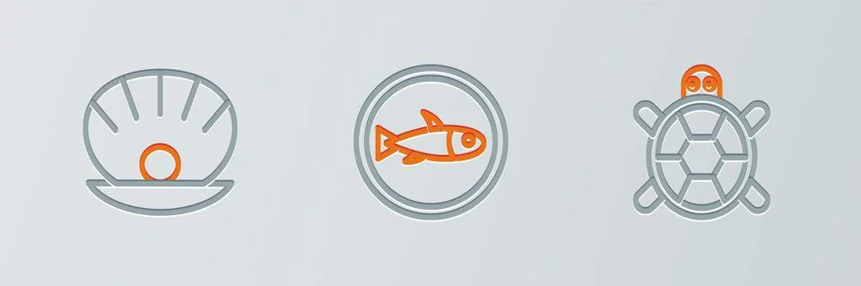 Set line Turtle, Shell with pearl and Served fish on plate icon. Vector Illustrazione stock
