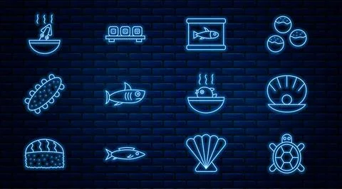 Set line Turtle, Shell with pearl, Canned fish, Shark, Sea cucumber, Soup Illustrazione stock