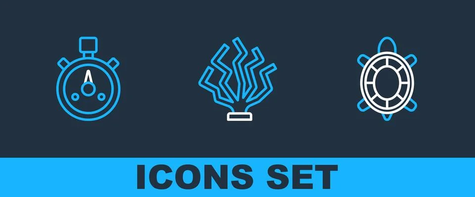 Set line Turtle, Stopwatch and Coral icon. Vector Stock Illustration