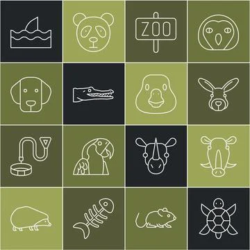 Set line Turtle, Wild boar head, Rabbit, Zoo park, Crocodile, Dog, Shark fi.. Illustrazione stock