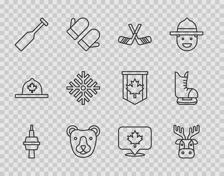 Set line TV CN Tower in Toronto, Deer head with antlers, Ice hockey sticks,.. 스톡 일러스트