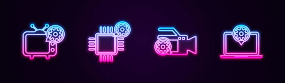 Set line Tv setting, Processor, Video camera and Laptop. Glowing neon icon. V Stock Illustration
