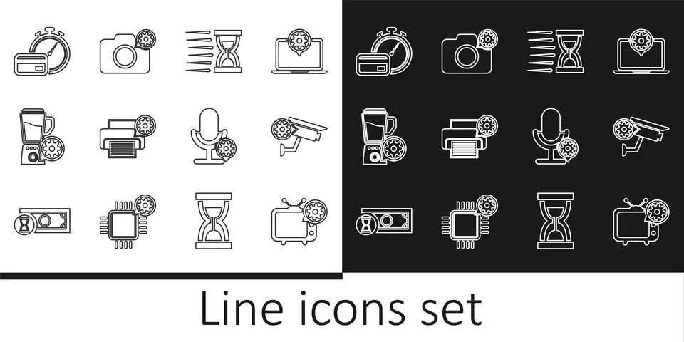 Set line Tv setting, Security camera, Old hourglass with sand, Printer, Blend Stock Illustration